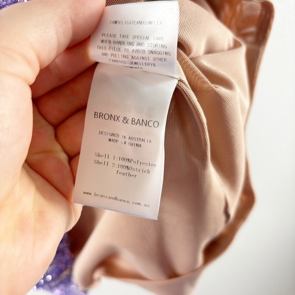 Bronx and Banco Lulu Sequin Glitter Feather One Shoulder Dress Purple Small - Picture 9 of 10